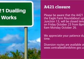Central Bedfordshire Council: A421 weekend closure, 23rd-26th October 2020
